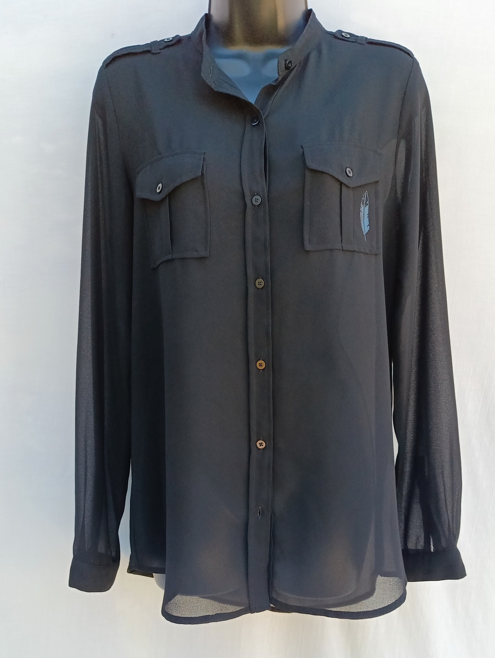 Women's Black Button-Front Sheer Utility Blouse With Subtle Feather Graphics